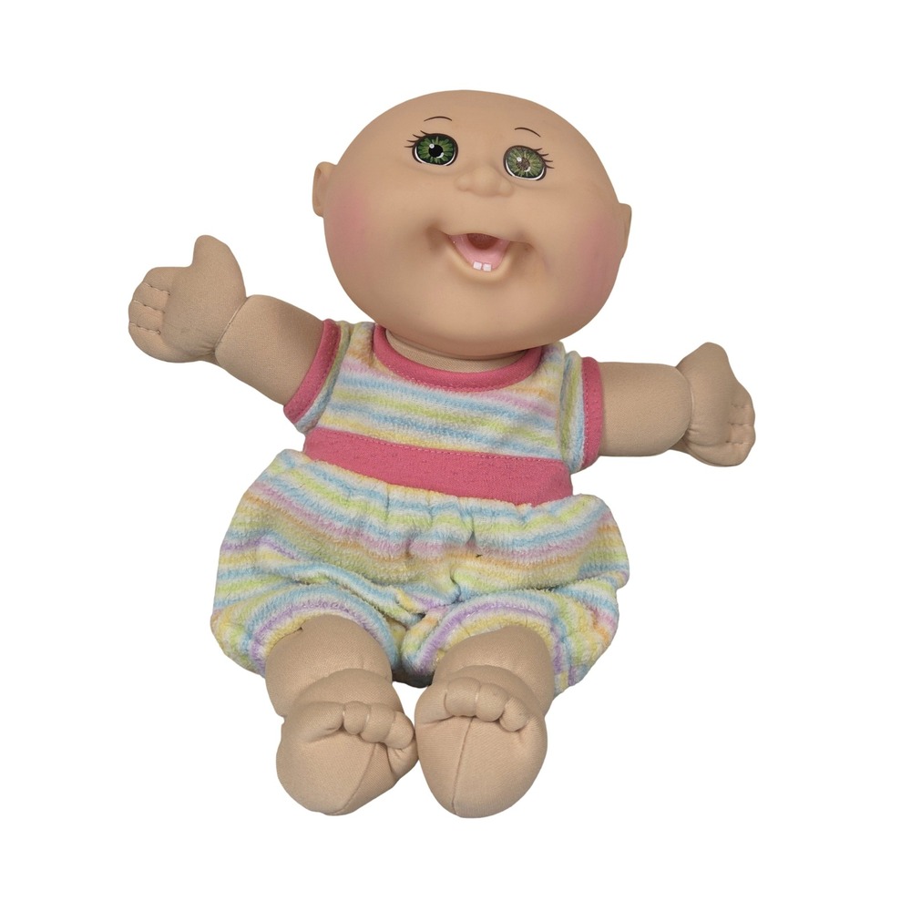 Cabbage Patch Kids Baby Doll Green Eyes Two Teeth Bald Pastel Striped Romper